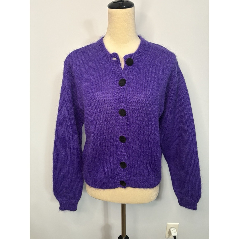 VTG 90s Autograph Purple Mohair Blend Fuzzy Cardigan Sweater Knit Grunge Medium